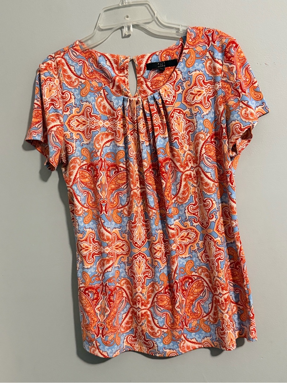 Alex Marie Orange & Blue Paisley Keyhole Short Sleeve Top
